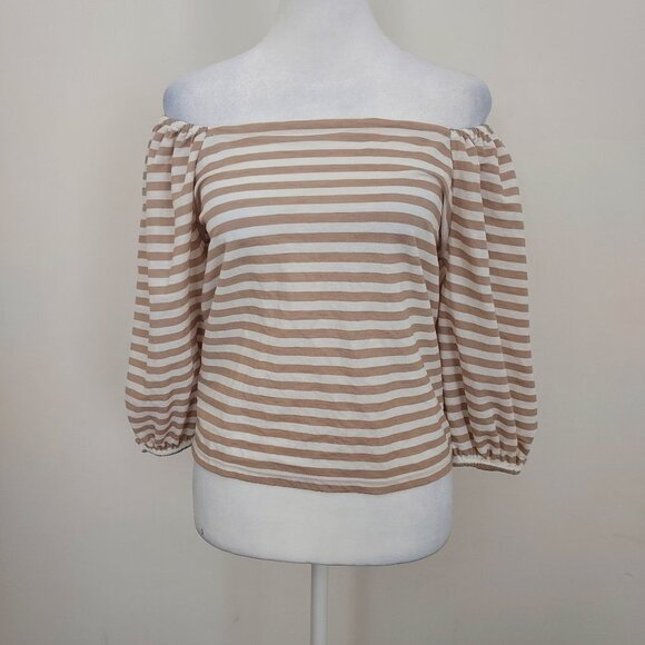 Ann Taylor White and Tan Striped Off the Shoulder Top NWT - Picture 1 of 8